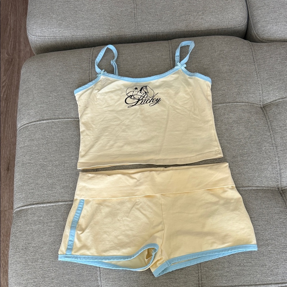 Edikted Pale Yellow Cropped Tank & Light Blue Trim